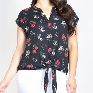 New Junior's Cute Boutique Black floral tie top